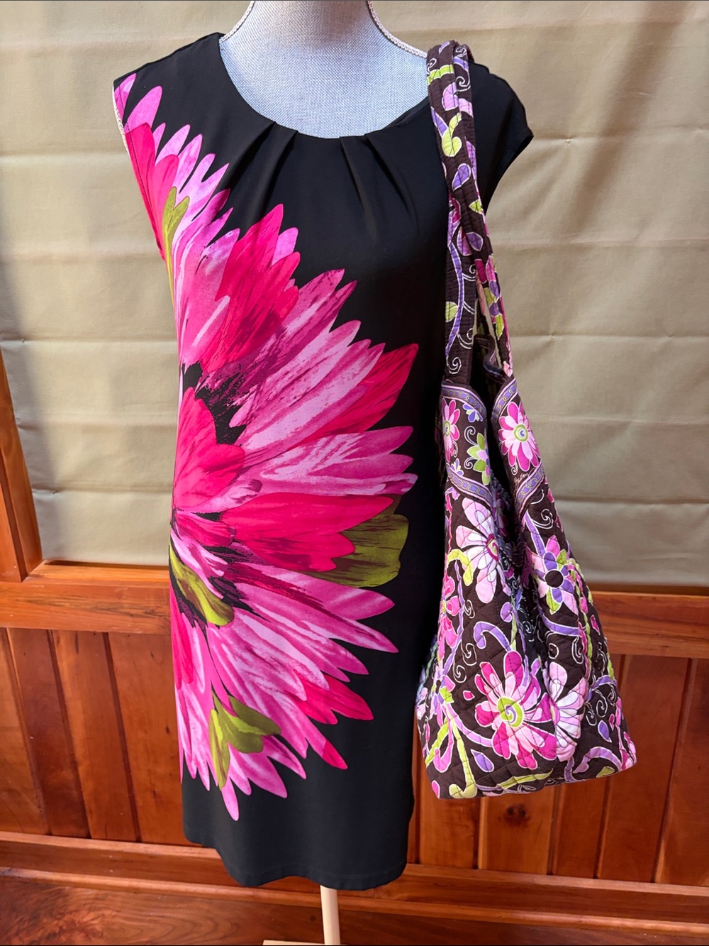 Vera Bradley Black Quilted Tote with Pink & Green Floral Pattern - Picture 12 of 13